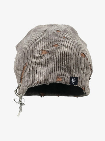 Retro Wasteland Style Distressed Knit Hanging Charm Beanie