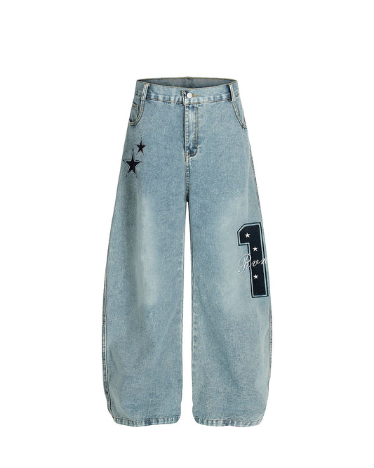 Star Embroidered Pocket Barrel Jeans | LCDEGO Streetwear