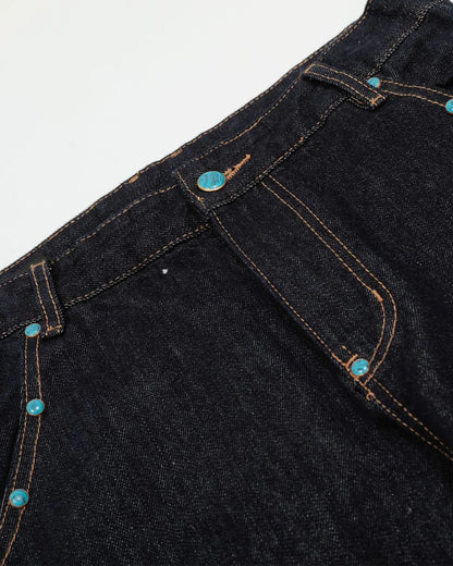 Turquoise Button Rivet Baggy Jeans | LCDEGO Streetwear