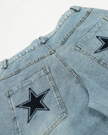 Star Embroidered Pocket Barrel Jeans | LCDEGO Streetwear
