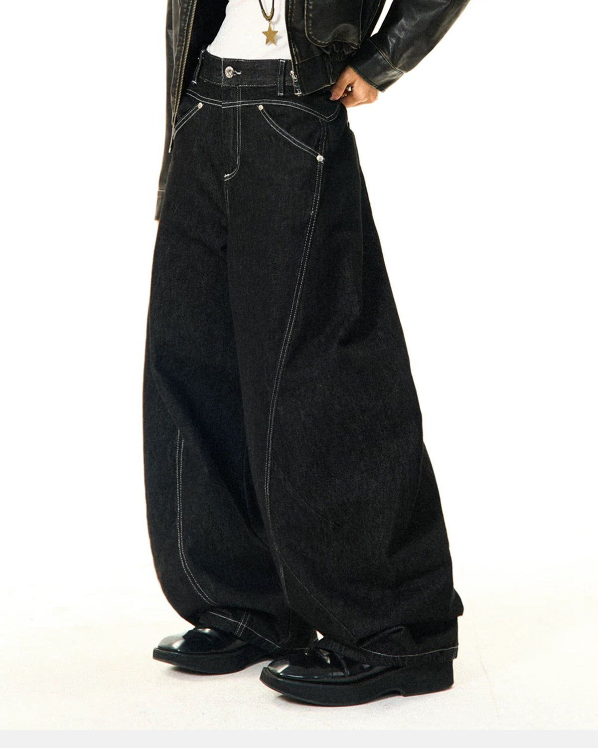 Black Stitching Barrel Jeans | LCDEGO Streetwear