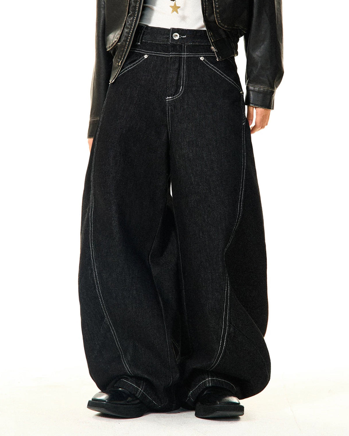Black Stitching Barrel Jeans | LCDEGO Streetwear