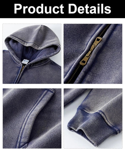 Acid Washed Distressed Fleece Zip Up Hoodies | LCDEGO Streetwear